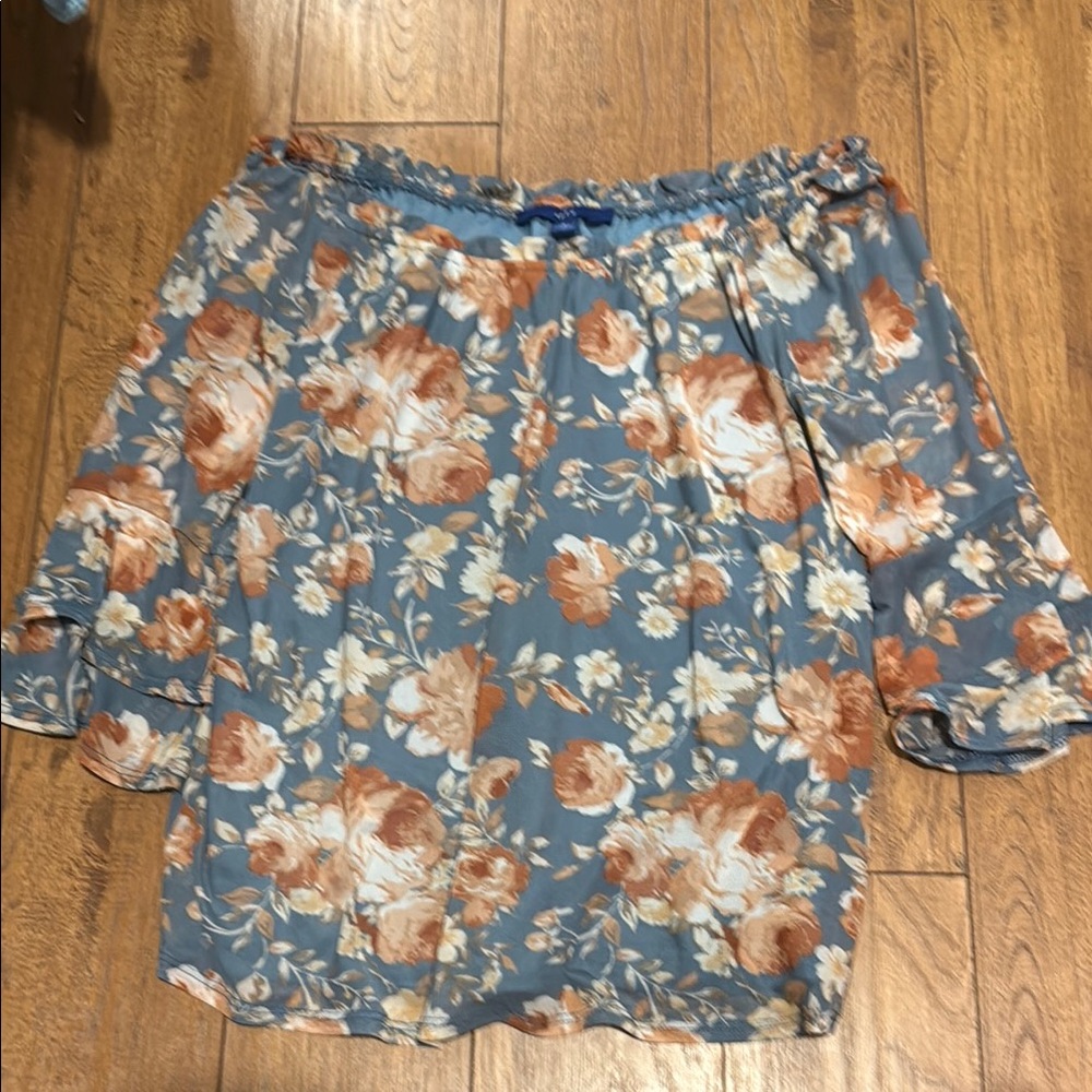 Apt. 9 Ruffled Flutter Sleeve Blouse in Blue and Brown